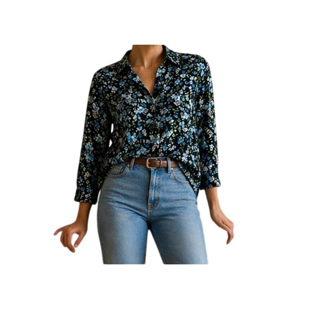 J.Jill Blue Floral Tiered Tunic Button Up Blouse Cottagecore Layered S